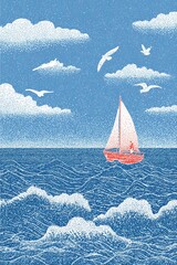 Sailboat on a Calm Ocean with Seagulls