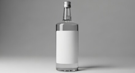 Obraz premium Clear glass bottle mockup with blank label standing on a simple surface in a neutral environment