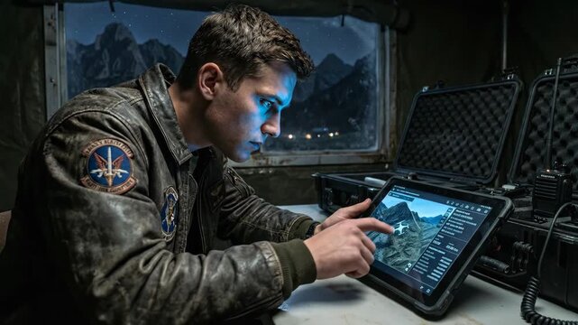 Military pilot studies digital tablet inside a tent at night, analyzing tactical map and mission data to plan an operation with focus and determination under harsh conditions