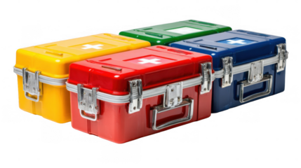 Red medical case with transparent lid showing the start triage system with its four colors orange, yellow, green and blue, isolated on transparent background
