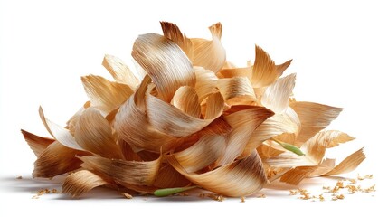 Obraz premium Wood shavings: A close-up shot capturing the intricate texture and delicate beauty of wood shavings, showcasing their natural, earthy tones and curled forms, creating a tactile and organic aesthetic.