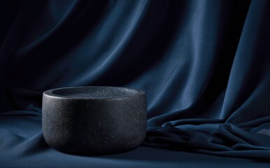 Dark Stone Bowl on Navy Fabric Background