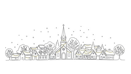 winter village houses with snow falling