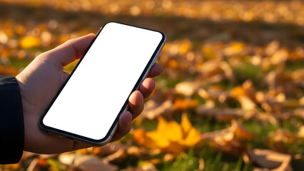 Hand holding smartphone with blank screen in autumn setting