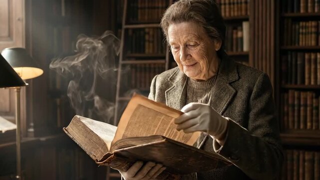 Elderly scholar holding open a large antique book, wearing white gloves, and smiling, surrounded by a vintage library filled with shelves of ancient texts and illuminated by warm light