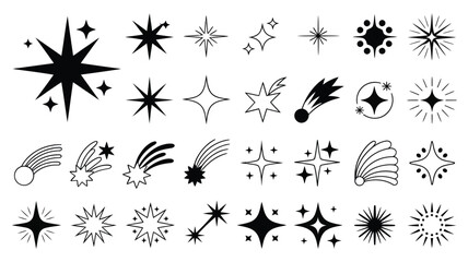 Collection of various black starbursts sparkles and comet illustrations on white background © MSTMORSHEDA