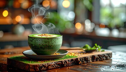 Hot Matcha Green Tea Latte in Ceramic Bowl with Steam on Wooden Table