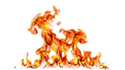 Abstract shape formed by realistic fire flames, isolated on transparent background with intense orange and yellow colors