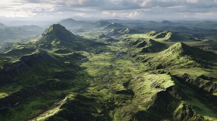 Aerial view of the green landscape in Iceland