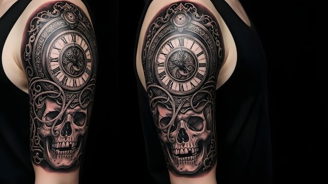 Classical grand clock tattoo with ornate border and Roman numerals, integrated with skull and filigree, dark realism style