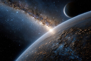 Fototapeta premium Views of a distant planet with a galactic backdrop and galaxy shining in the distance