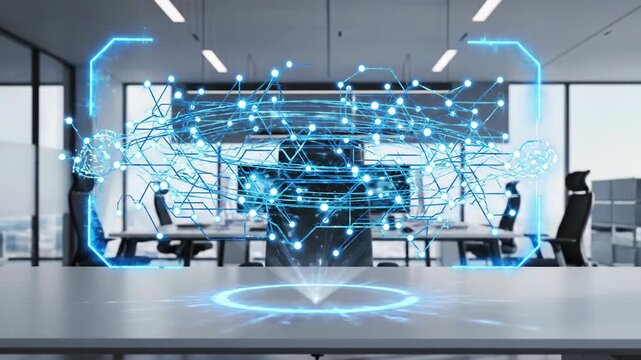 Digital network connection on office conference table. Business meeting room with virtual data visualization idea. Global technology concept.
