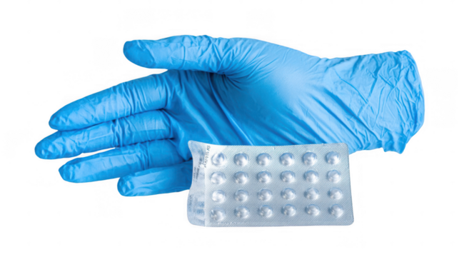 Close up of a doctor or nurse wearing blue surgical gloves holding a blister pack of blue pills with a transparent background, emphasizing hygiene and medical treatment - Powered by Adobe