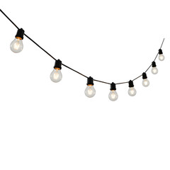 Festive string lights hanging, bringing a warm, inviting glow. The bulbs are lit and strung on a black wire
