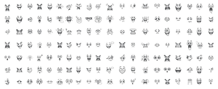 Cute Character Face Icons, Line Art Drawing of Animated Expressions, Emotional Set