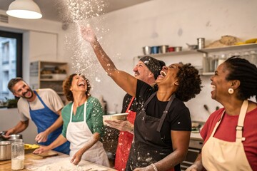 Happy group baking together in kitchen fun
