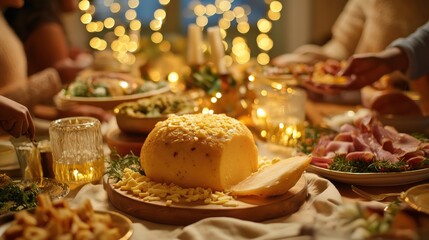 Festive dinner table with cheese and lights
