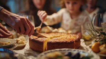 Family slicing cheese pie during holiday meal
