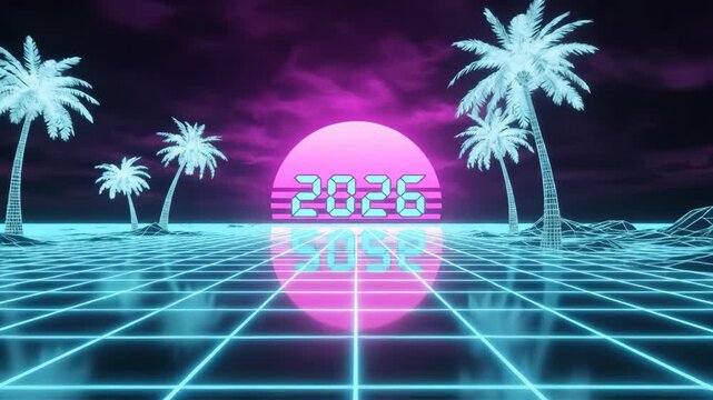Digital grid landscape with palm trees and 2026 text with sun in a vaporwave style celebrating new year.