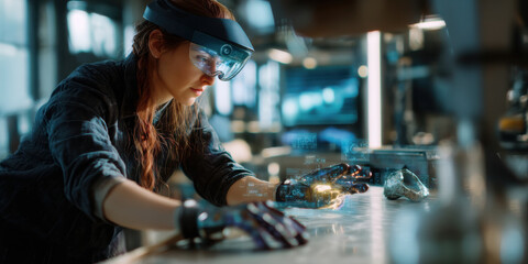 Futuristic artisan using neural interface inspecting prosthetic hand, focused and curious