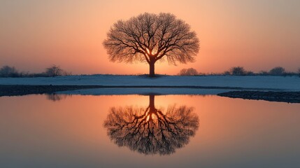 Obraz premium Winter sunrise, tree reflected in calm water