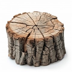 Obraz premium Cross section of tree trunk showing growth rings and cracked bark, isolated on white background