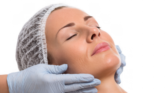 Doctor wearing surgical cap and gloves gently touching her face with closed eyes, isolated on transparent background, conveying a sense of relief and skincare - Powered by Adobe