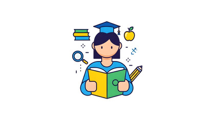 A flat style illustration of a girl wearing a graduation cap, reading a book with education-related icons, such as books, apple, magnifying glass, and pencil, floating around her.