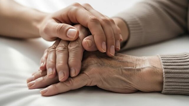 Hands touching, generational support and compassionate elderly care.