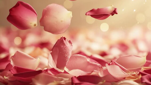 Numerous pink rose petals falling and resting on a surface creating a delicate floral background. Celebration decoration.