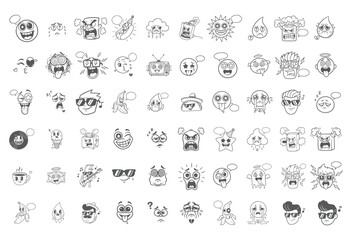 Fototapeta premium Black and White Comic Style Emoticons Bundle. Hand-Drawn Retro Mascot Characters.