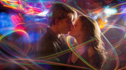 Romantic couple kissing amid vibrant light trails
