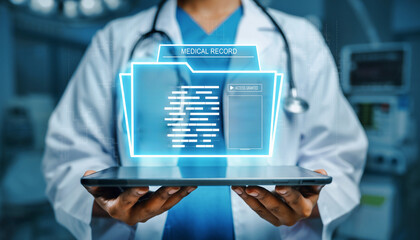 Healthcare medical record doctor technology digital health data patient management system, showing electronic medical document interface for modern hospital, clinic, and healthcare information service