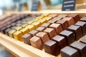Delicious cube-shaped varied color chocolate pralines meticulously arranged in wooden display tray.