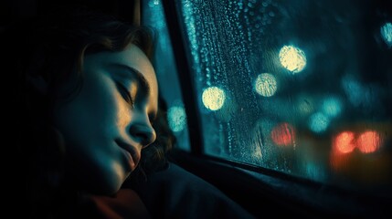 Peaceful sleep beside rainy night city window
