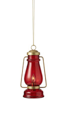 Vintage red glass oil lantern Christmas tree ornament with matte gold accents and a glowing candle light isolated.