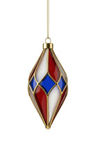 Elegant diamond-shaped Christmas ornament with a gold frame and red, blue, and white stained-glass style panels isolated.