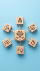 Business strategy meeting and presentation concept with wooden cubes showing teamwork, communication, idea development, data analysis, leadership and corporate growth planning. Vertical bg