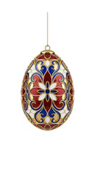 Ornate egg-shaped Christmas ornament with intricate gold filigree featuring red, blue, and white floral patterns in a stained-glass style, isolated.