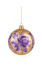 Matte gold Christmas ball ornament with hand-painted purple floral patterns and small white dots isolated.