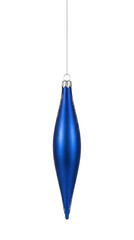 Shiny royal blue spindle-shaped Christmas ornament with silver glitter accents on the ridges isolated.
