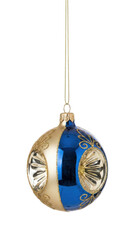 Shiny royal blue and matte gold Christmas ball ornament with circular ribbed reflectors and gold glitter scroll patterns, isolated.