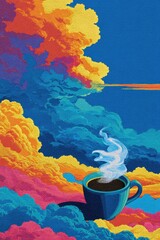 Whimsical Coffee Cup in Colorful Clouds
