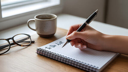 Female Hand Writing in Spiral Notebook on Minimalist Desk with Natural Light