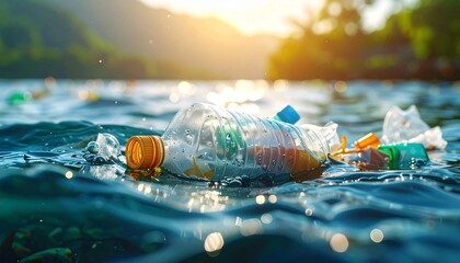 Plastic bottle floating on the ocean surface, polluting the water, a global environmental issue