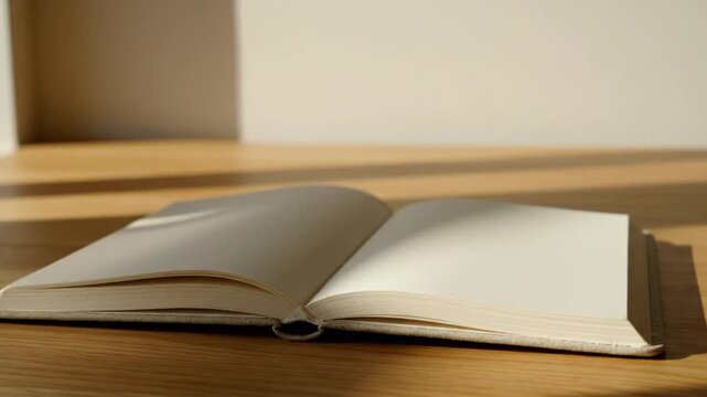 An open book resting flat on a wooden desk in soft natural light