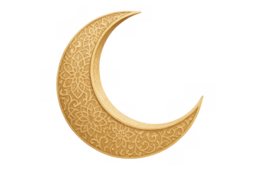 Golden crescent moon with detailed islamic floral patterns, representing religious holidays, culture, and tradition. Transparent background