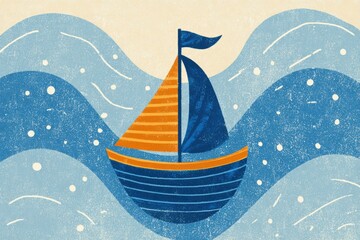 Colorful Sailboat on Stylized Waves