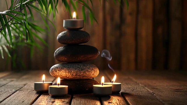 Zen ambiance: balancing stones and flickering candlelight in tranquil wooden setting