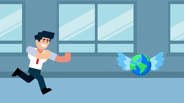 Illustration of a businessman running after a flying globe, symbolizing ambition, global opportunities, and achievement in the modern business world.

